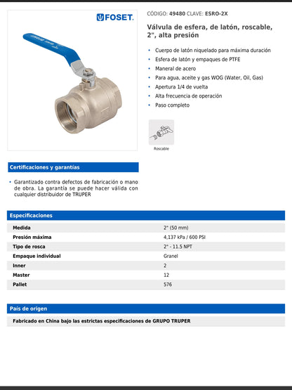 Válvula de esfera de latón roscable de 2 pulgadas alta presión con maneral de acero