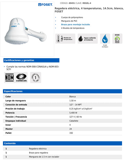 Regadera eléctrica blanca de 4 temperaturas con manguera y brazo incluido