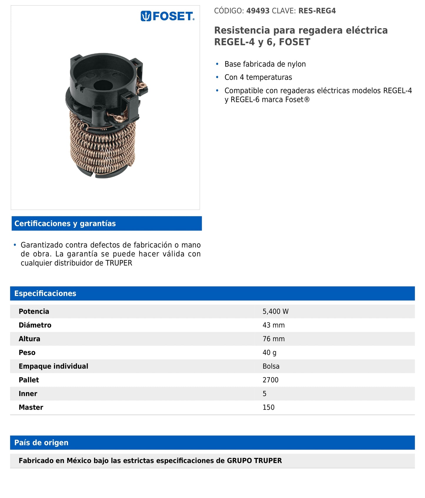 Resistencia de 4 temperaturas para regadera eléctrica REGEL-4 y REGEL-6