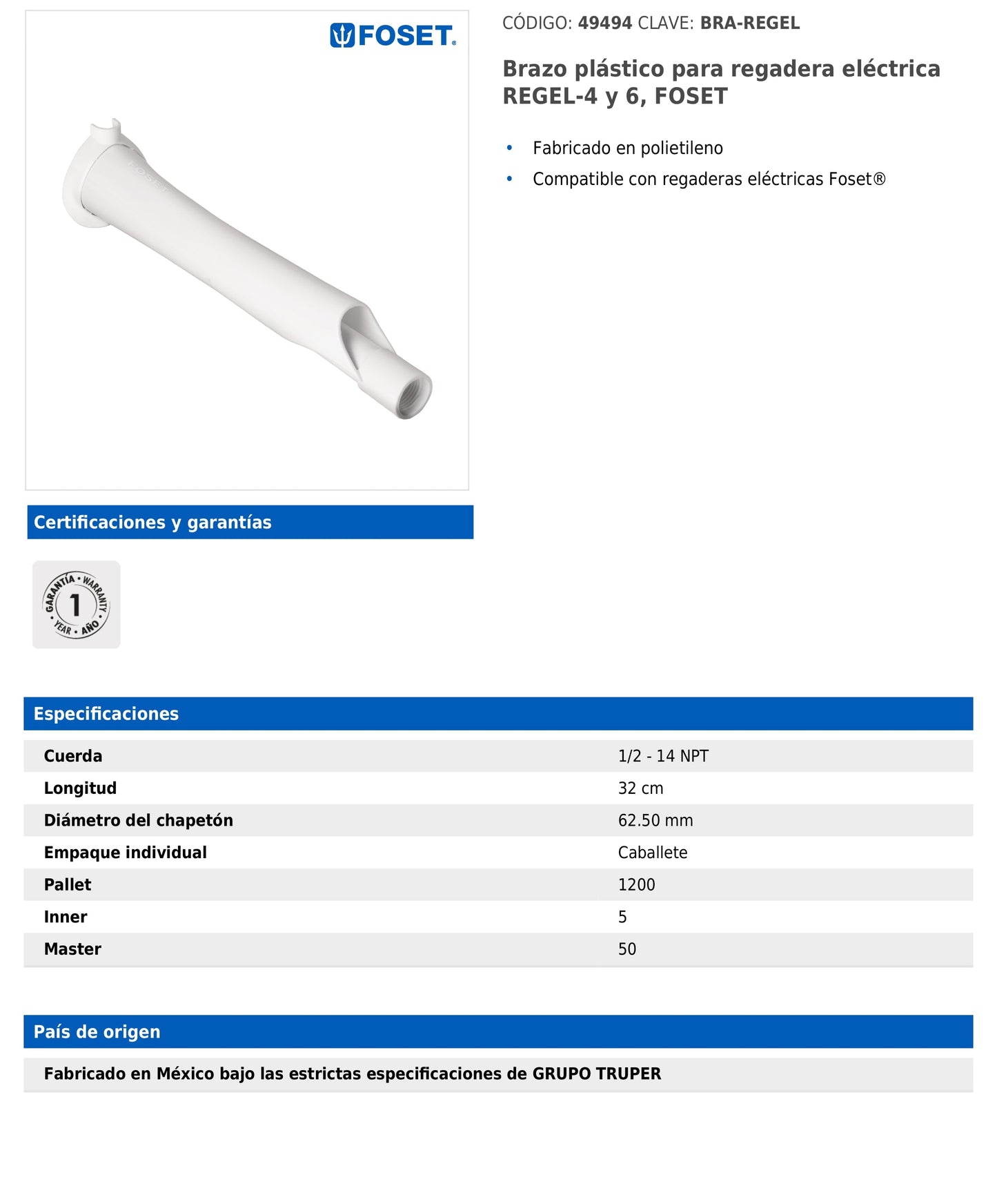 Brazo plástico para regadera eléctrica Foset REGEL-4 y REGEL-6