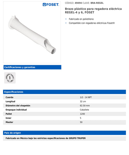 Brazo plástico para regadera eléctrica Foset REGEL-4 y REGEL-6