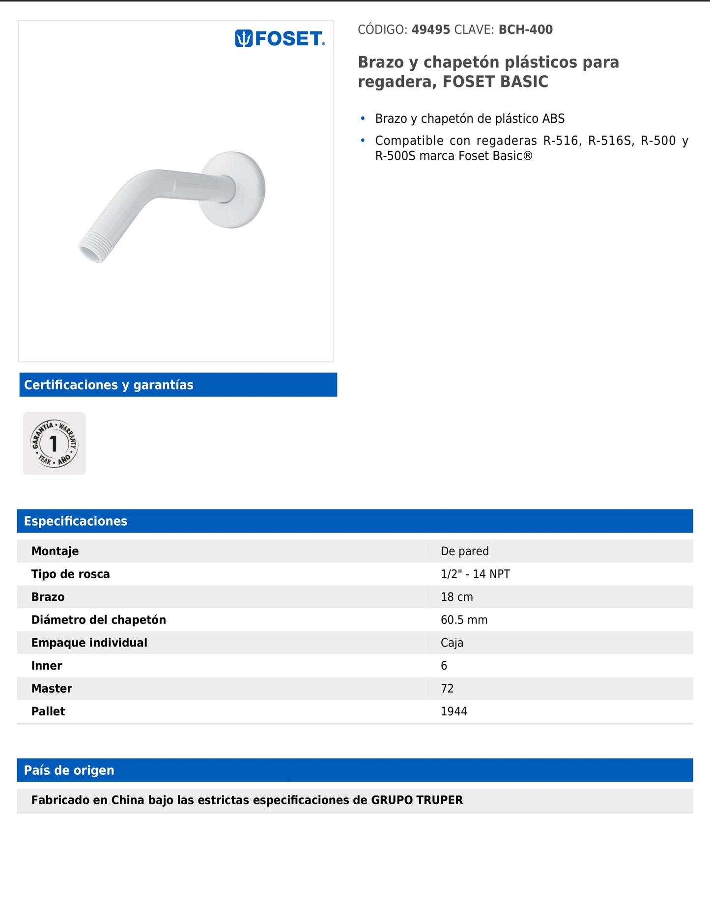 Brazo y chapetón plásticos para regadera