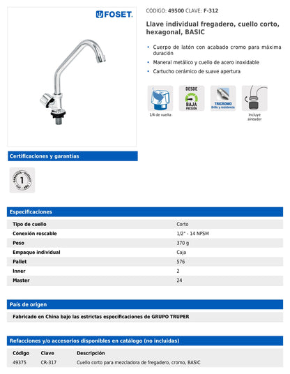 Llave individual para fregadero con cuello corto y maneral hexagonal