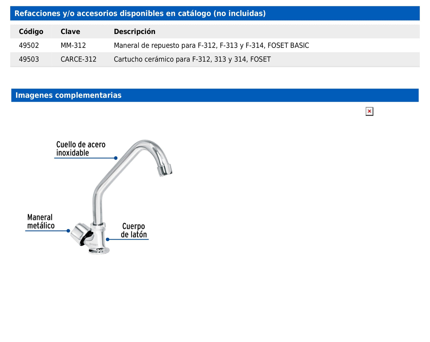 Llave individual para fregadero con cuello corto y maneral hexagonal