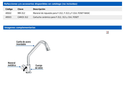 Llave individual para fregadero con cuello corto y maneral hexagonal