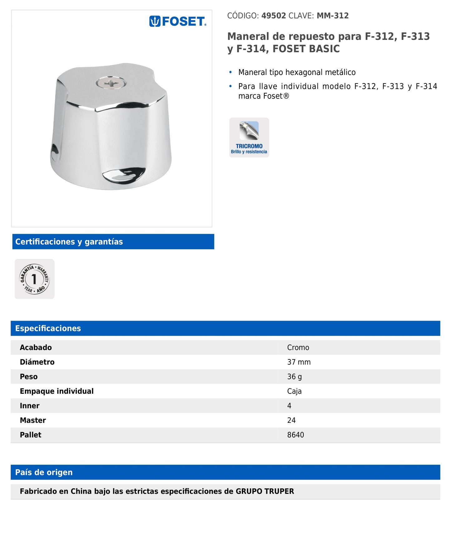 Maneral hexagonal metálico de repuesto para llaves F-312 F-313 y F-314