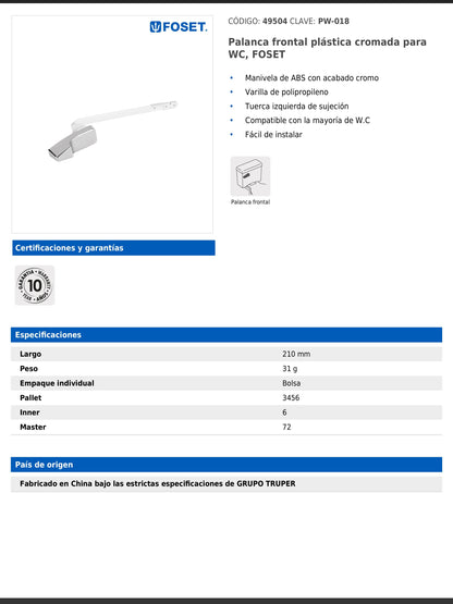 Palanca frontal plástica cromada para WC