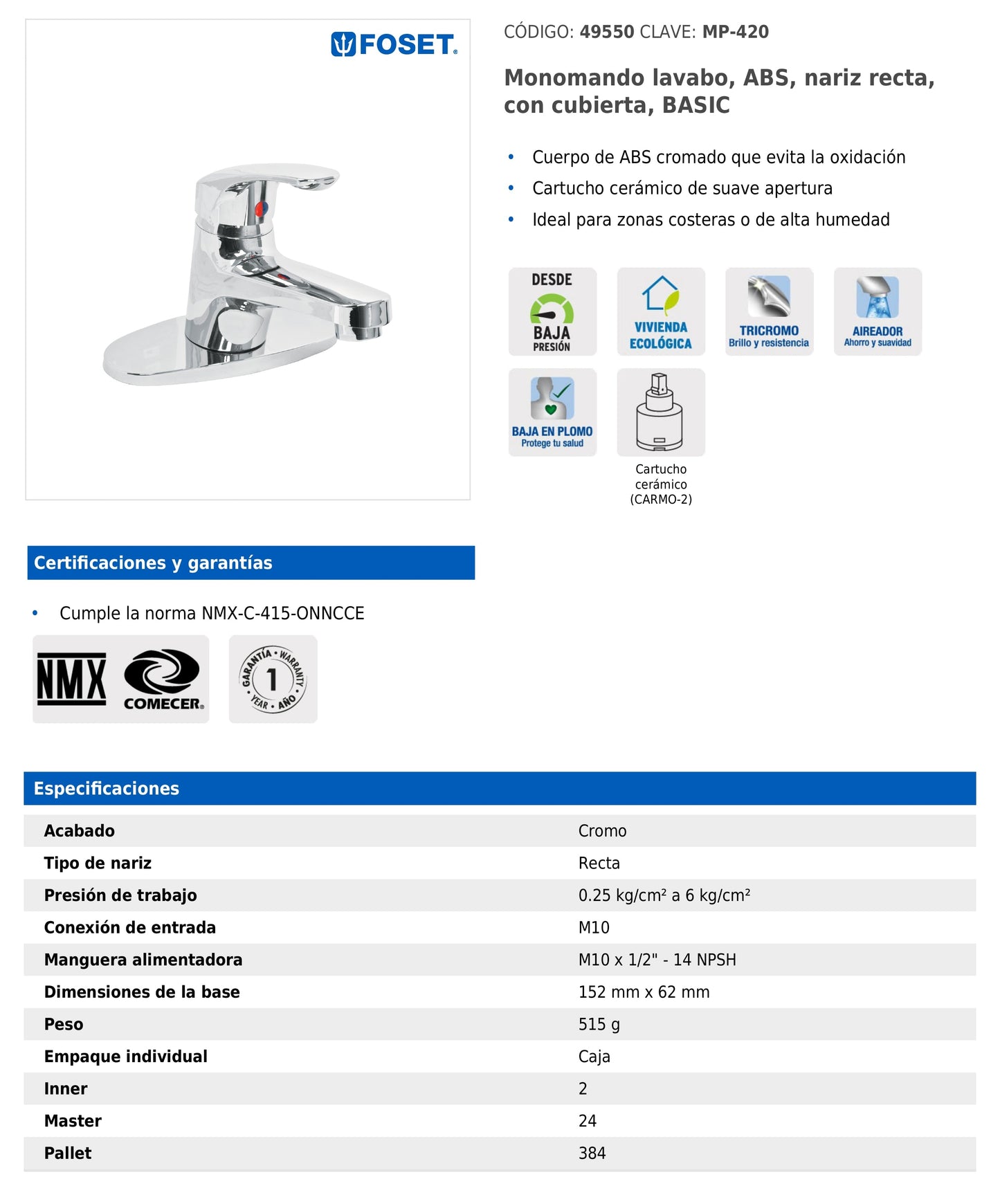 Monomando para lavabo de ABS con nariz recta y cubierta, incluye mangueras