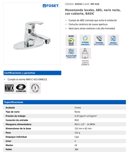 Monomando para lavabo de ABS con nariz recta y cubierta, incluye mangueras