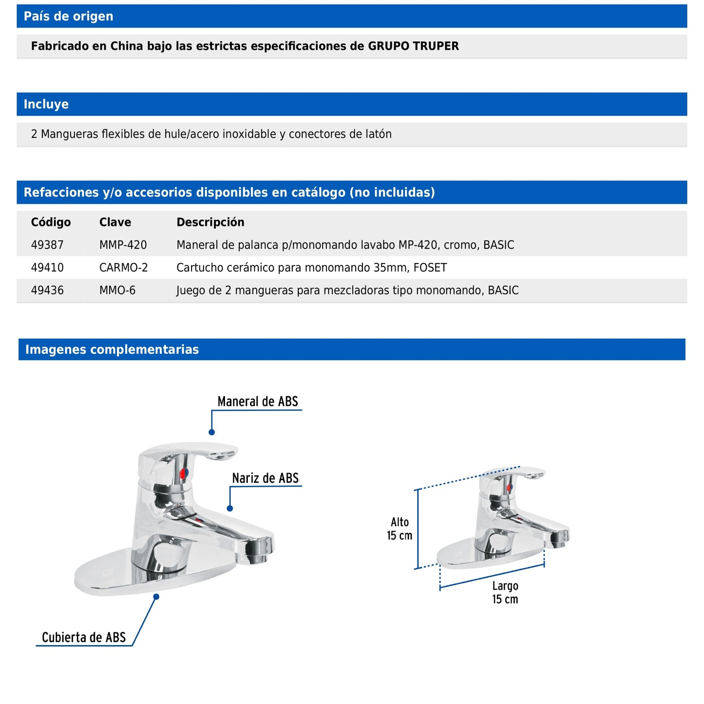 Monomando para lavabo de ABS con nariz recta y cubierta, incluye mangueras