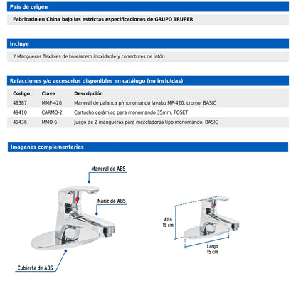 Monomando para lavabo de ABS con nariz recta y cubierta, incluye mangueras