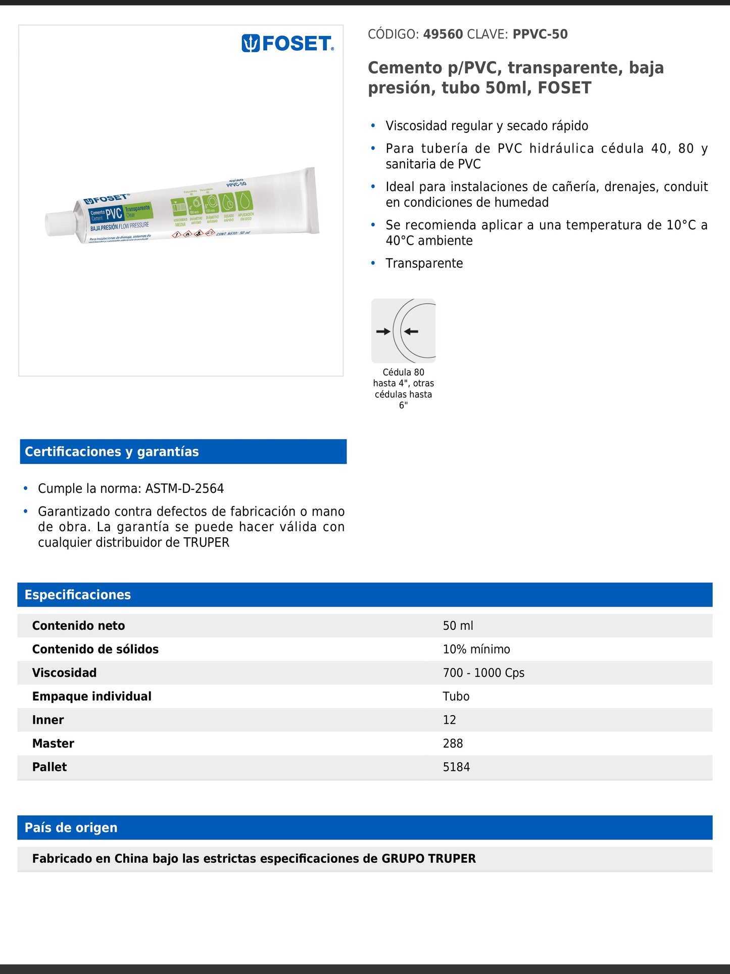 Cemento para PVC transparente de baja presión en tubo de 50 ml