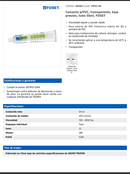 Cemento para PVC transparente de baja presión en tubo de 50 ml