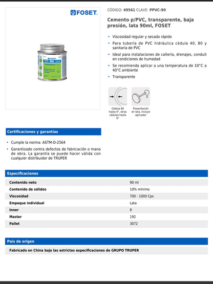 Cemento para PVC transparente de baja presión en lata de 90 ml