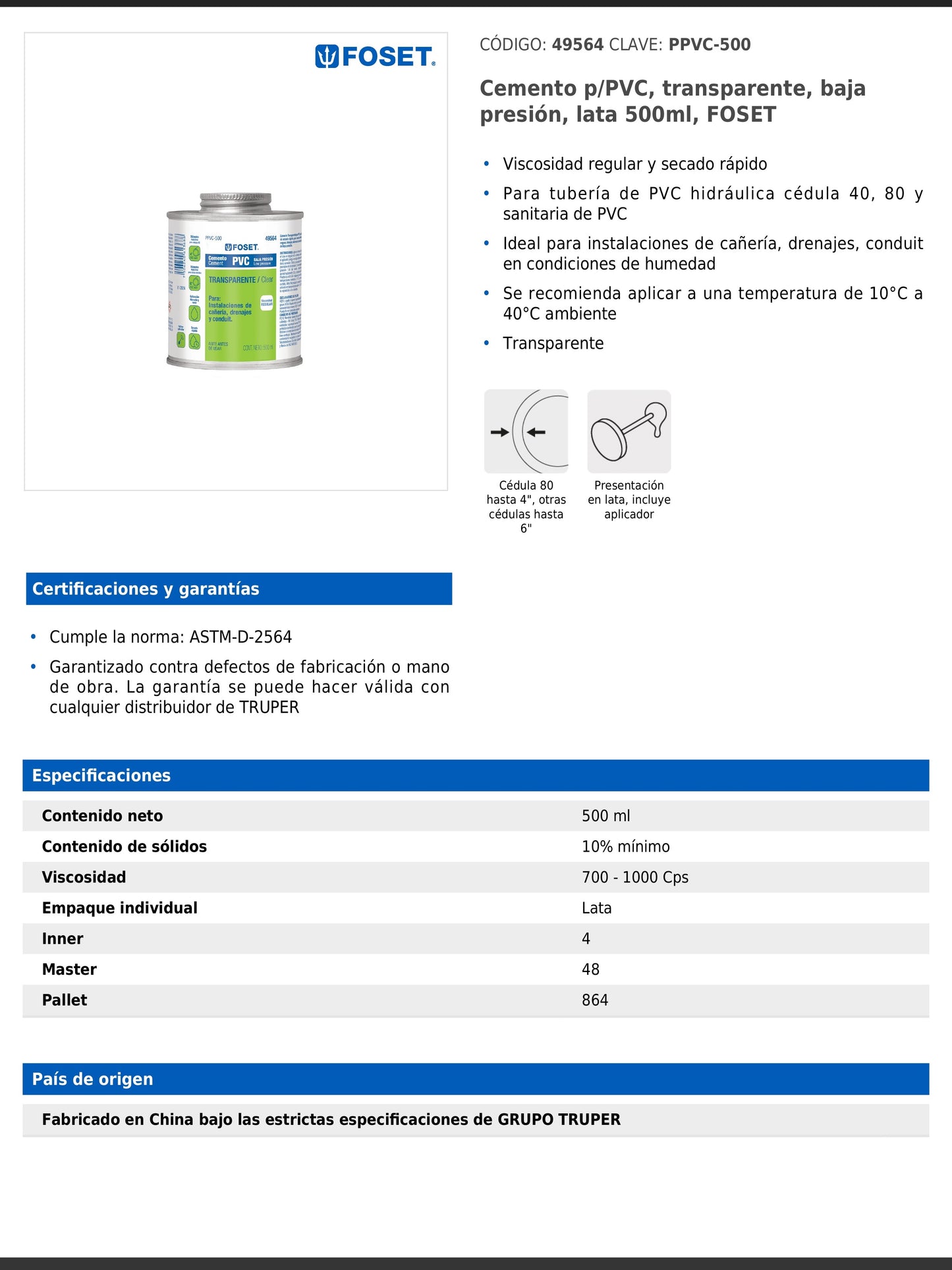 Cemento para PVC transparente de baja presión en lata de 500 ml