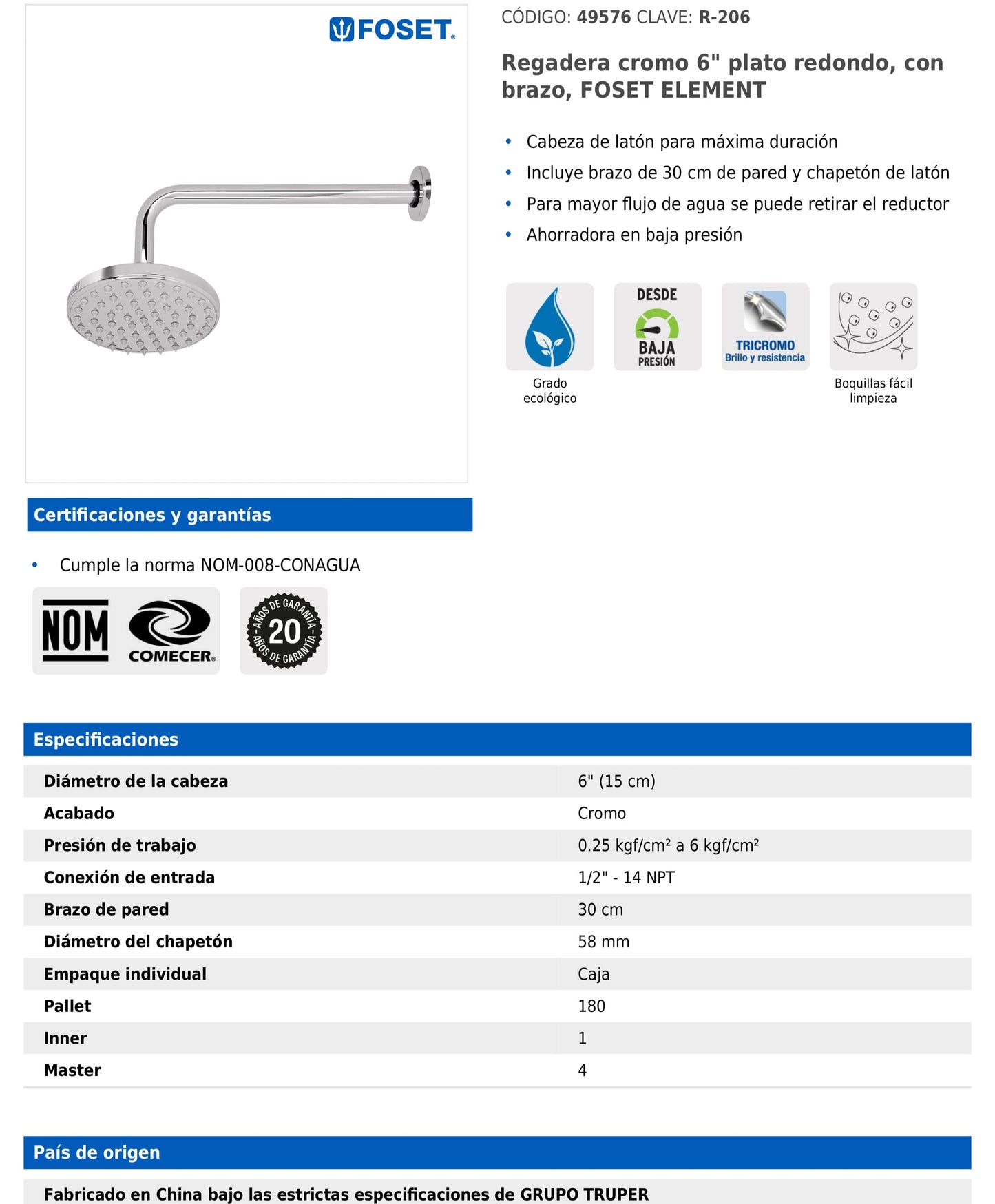 Regadera redonda de 6" tipo plato con brazo de pared