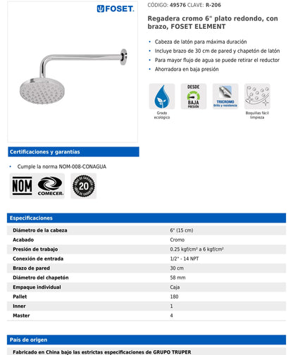 Regadera redonda de 6" tipo plato con brazo de pared