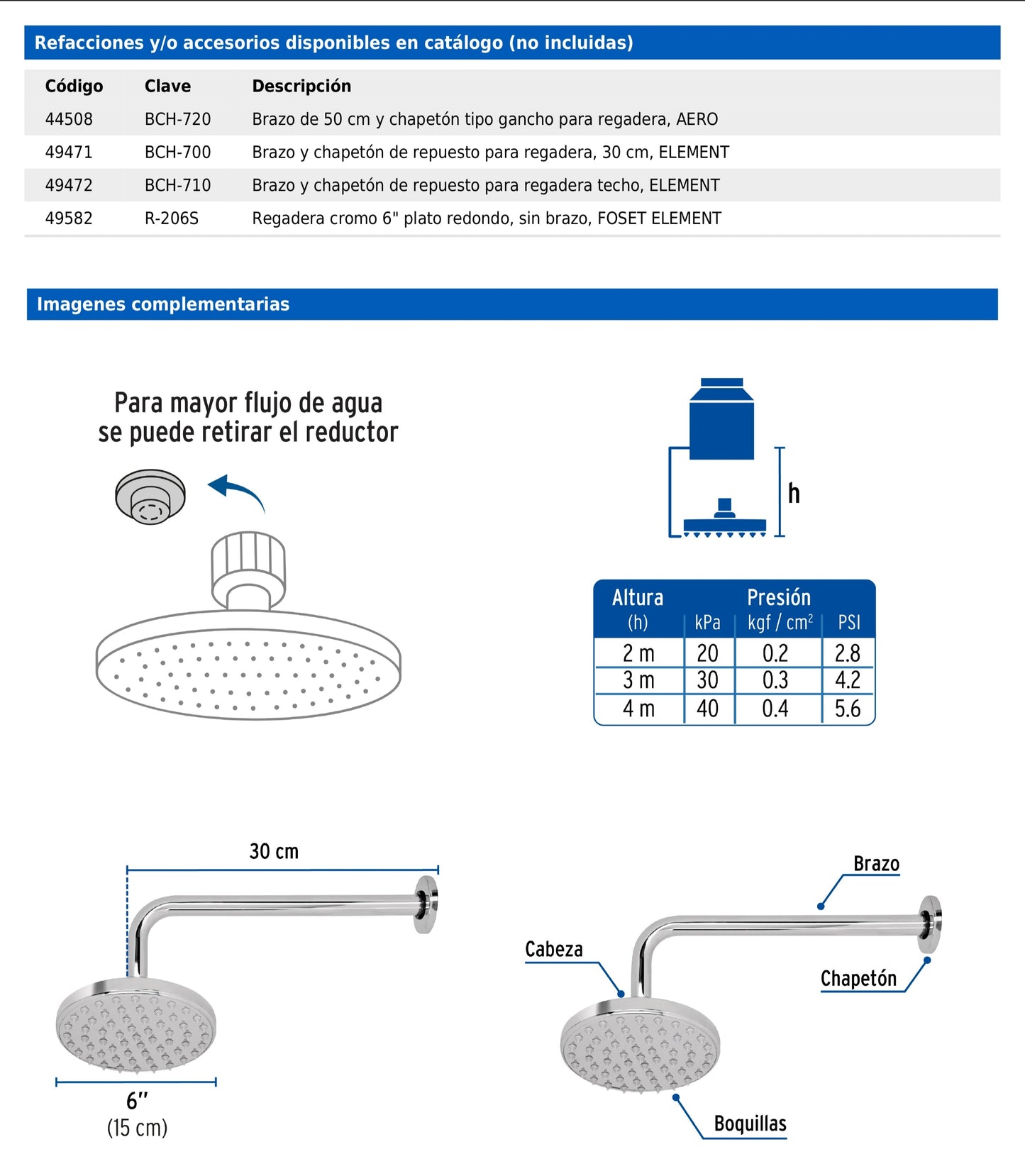 Regadera redonda de 6" tipo plato con brazo de pared