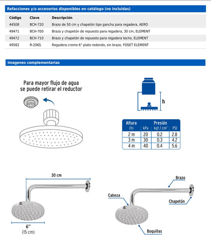 Regadera redonda de 6" tipo plato con brazo de pared