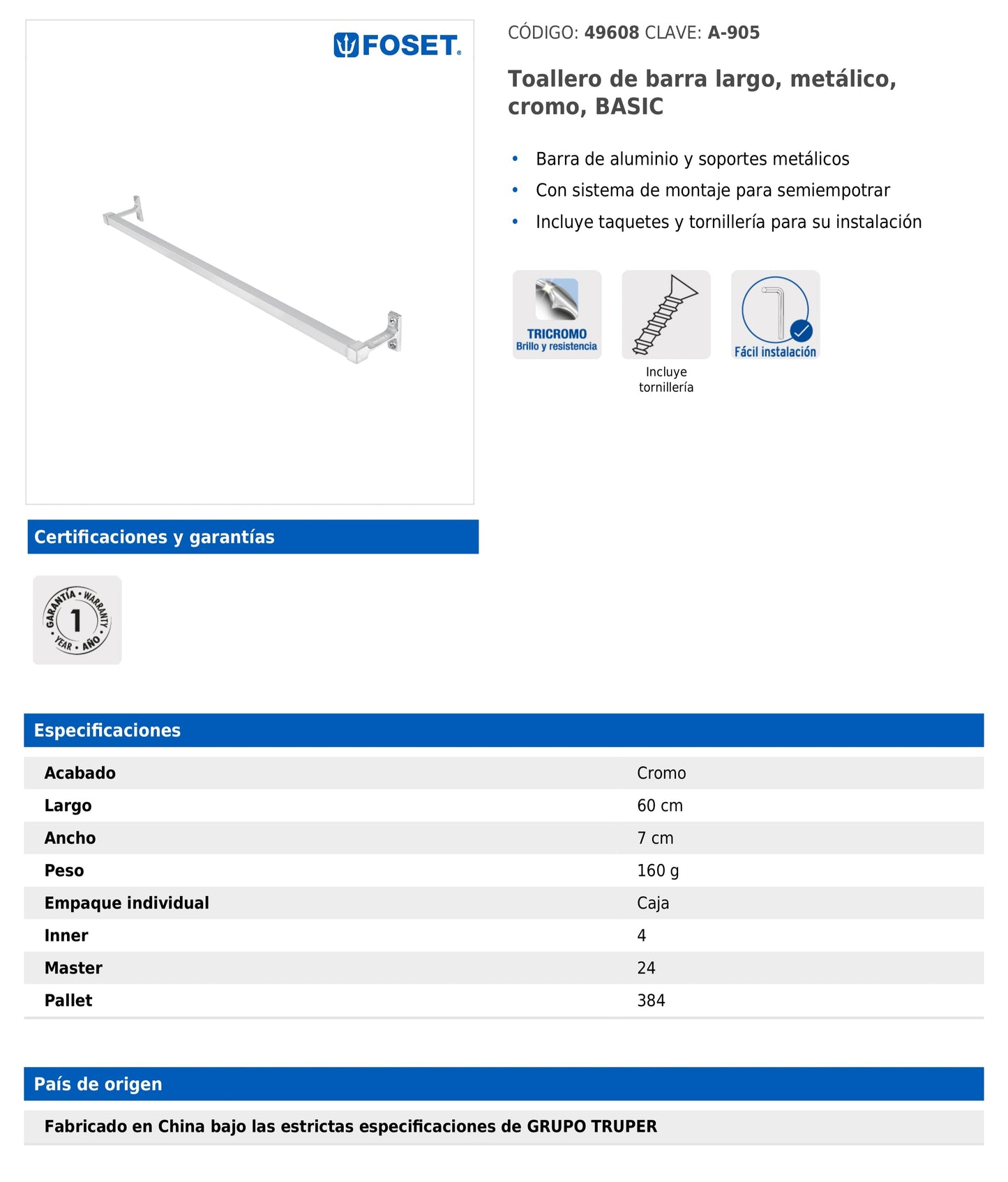 Toallero de barra largo metálico 60 cm