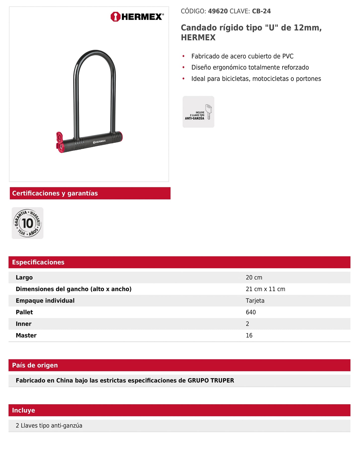 Candado rígido tipo U de 12 mm