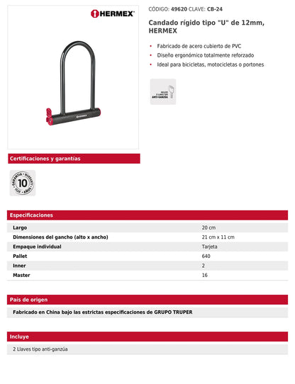 Candado rígido tipo U de 12 mm