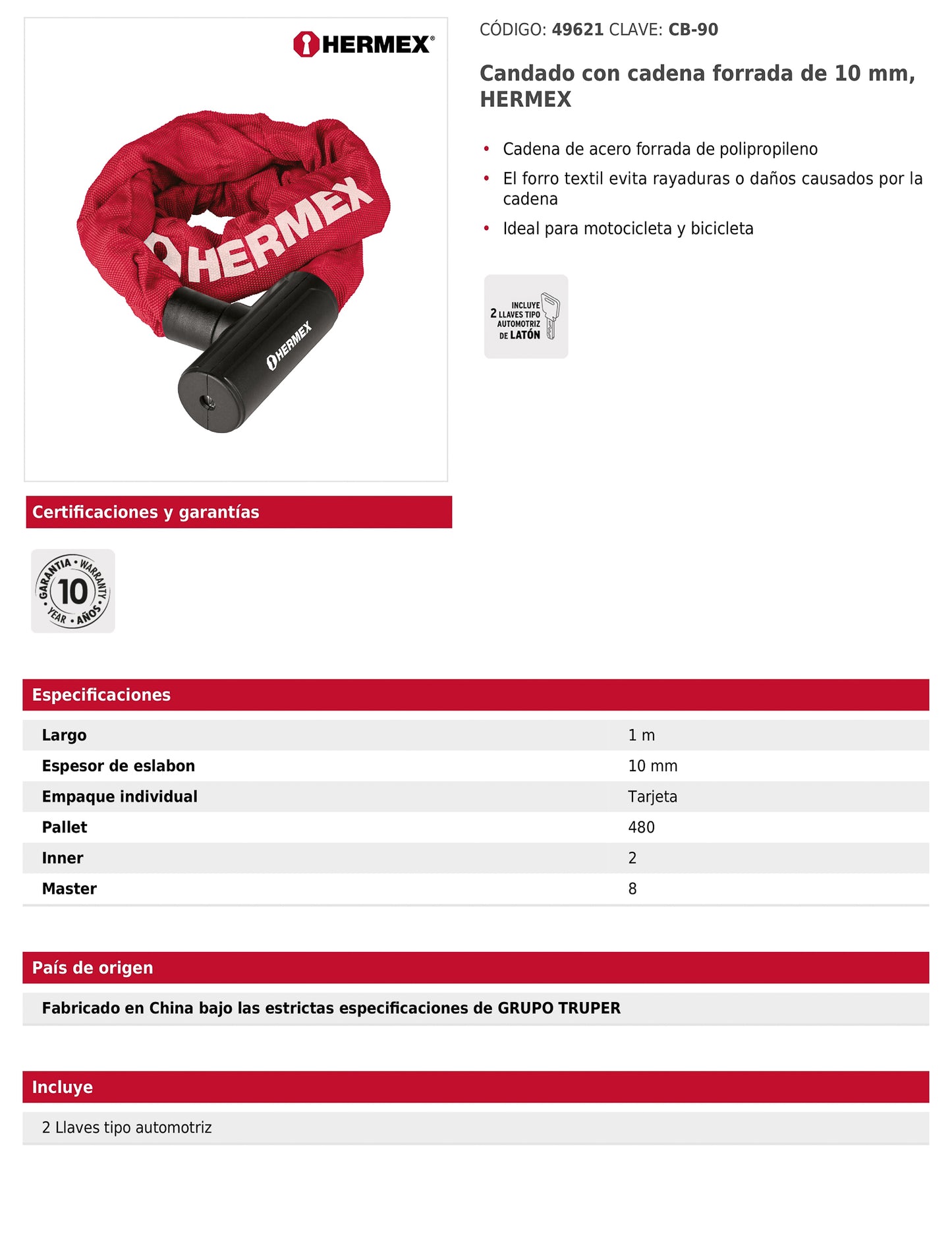 Candado con cadena forrada de 10 mm