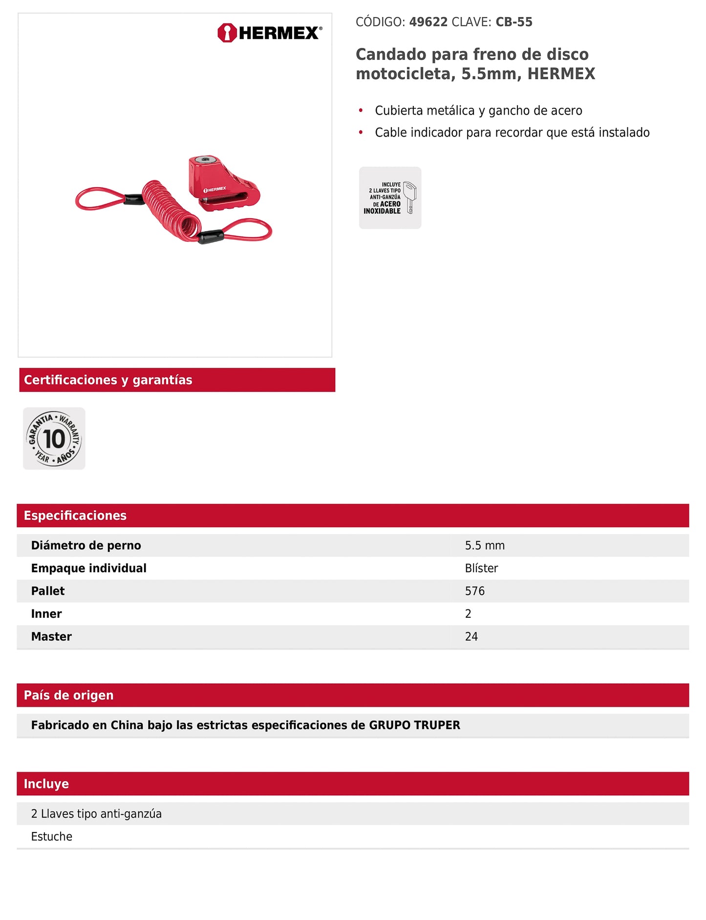 Candado para freno de disco motocicleta 5.5 mm