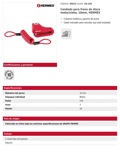 Candado para freno de disco motocicleta 10 mm