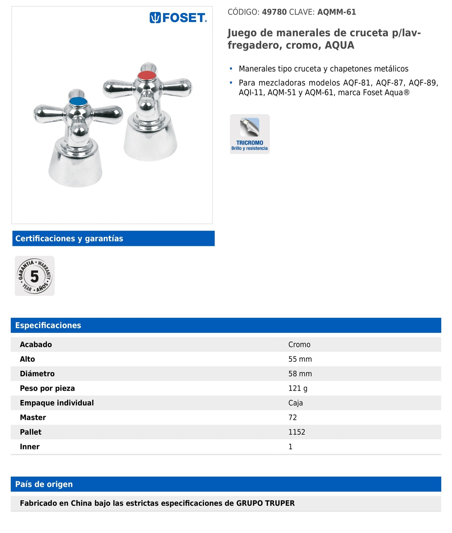 Juego de manerales tipo cruceta con chapetones metálicos para mezcladoras