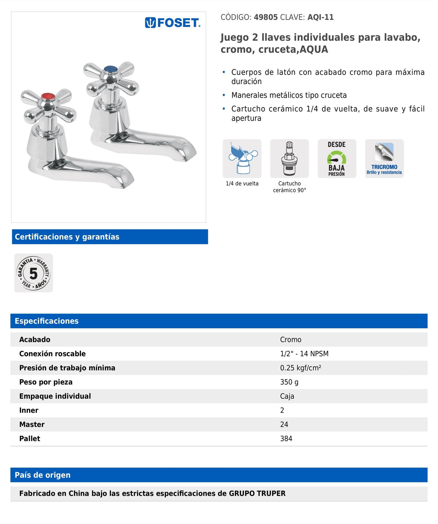 Juego de 2 llaves individuales para lavabo con manerales tipo cruceta y cartucho cerámico Aqua
