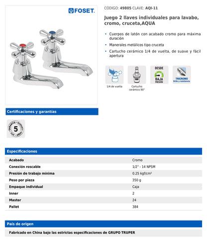 Juego de 2 llaves individuales para lavabo con manerales tipo cruceta y cartucho cerámico Aqua