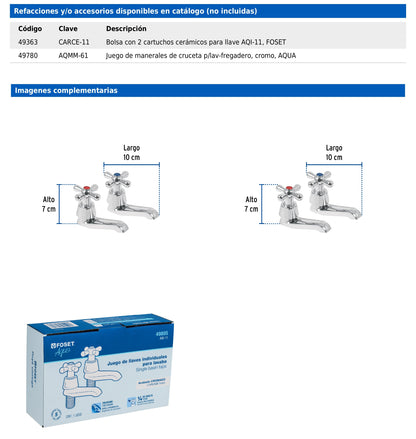 Juego de 2 llaves individuales para lavabo con manerales tipo cruceta y cartucho cerámico Aqua