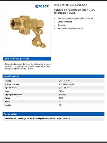 Válvula de flotador de latón 3/4" reforzada