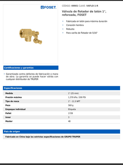 Válvula de flotador de latón 1" reforzada