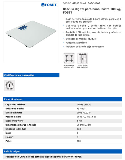 Báscula digital para baño con vidrio templado blanco y capacidad hasta 180 kg