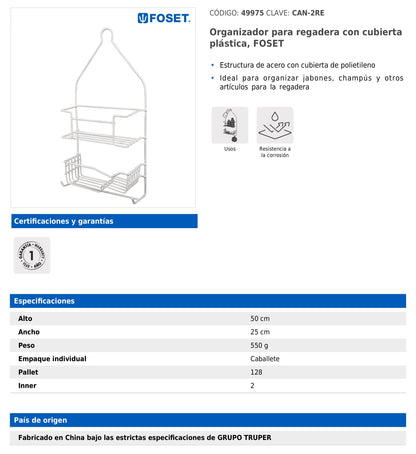 Organizador para regadera con cubierta plástica y estructura metálica