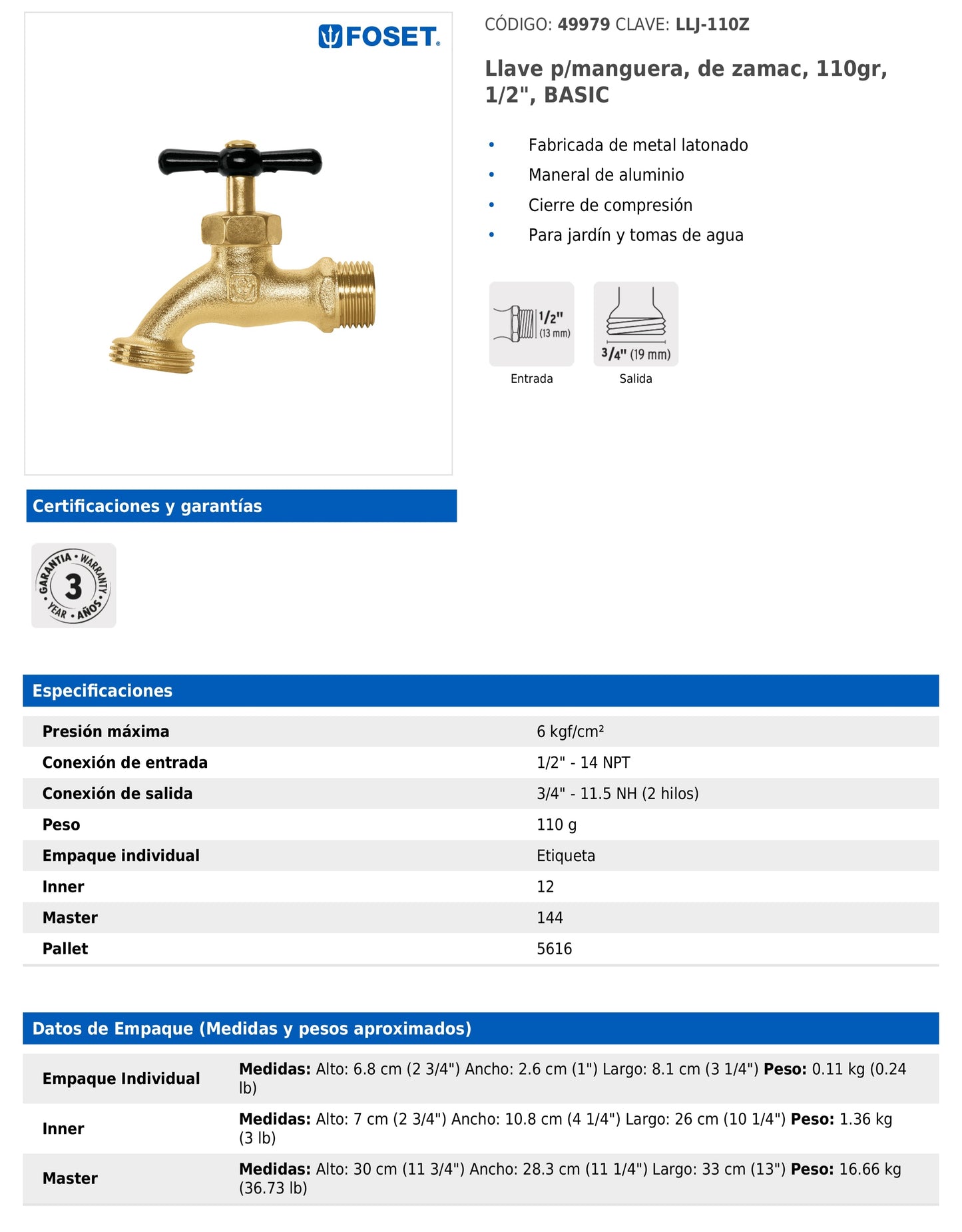 Llave para manguera de zamac de 1/2" con cierre de compresión