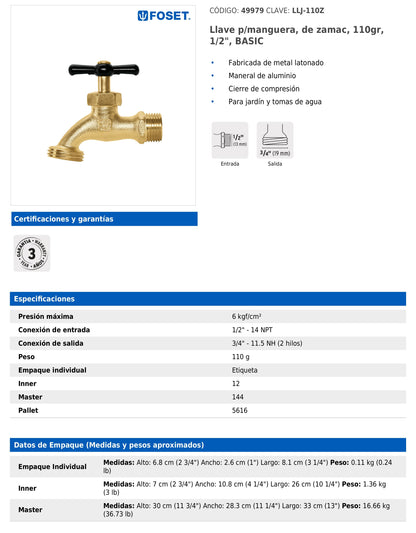 Llave para manguera de zamac de 1/2" con cierre de compresión