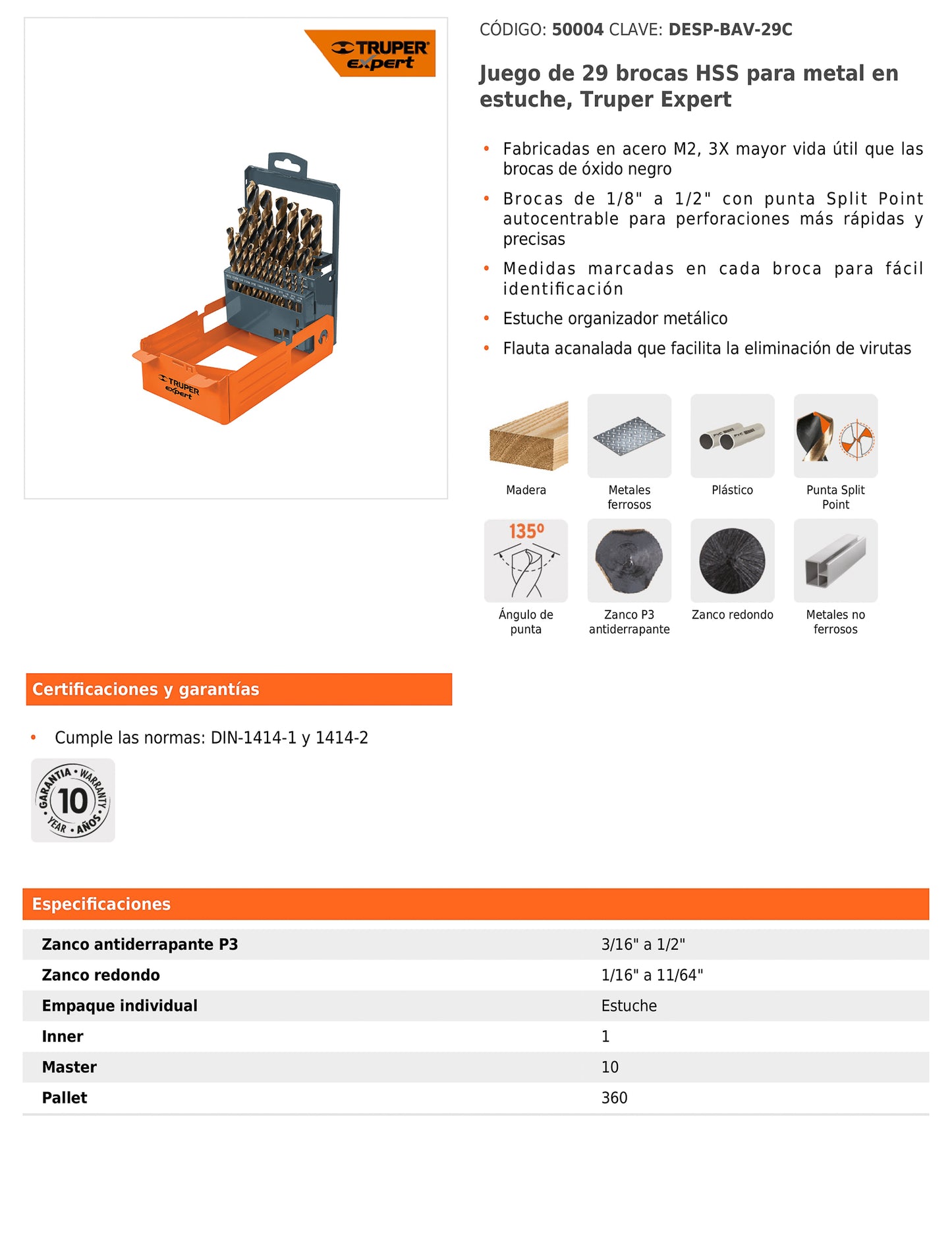 Juego de 29 brocas HSS para metal en estuche con punta Split Point
