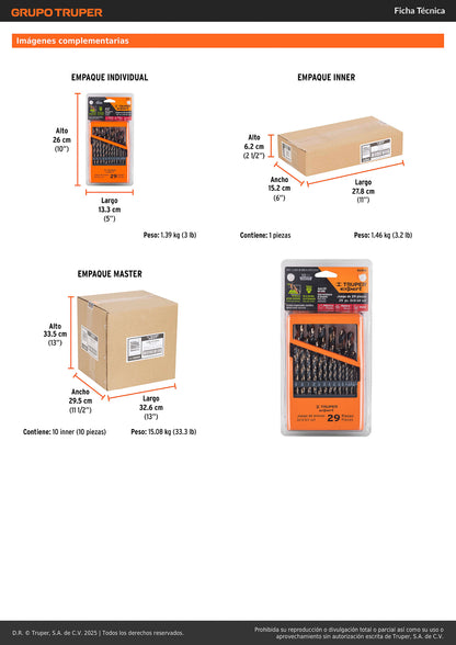 Juego de 29 brocas HSS para metal en estuche con punta Split Point