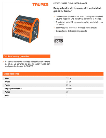 Despachador de brocas grande con calibrador de diámetros