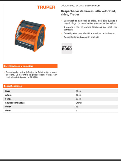 Despachador de brocas chico con calibrador de diámetros