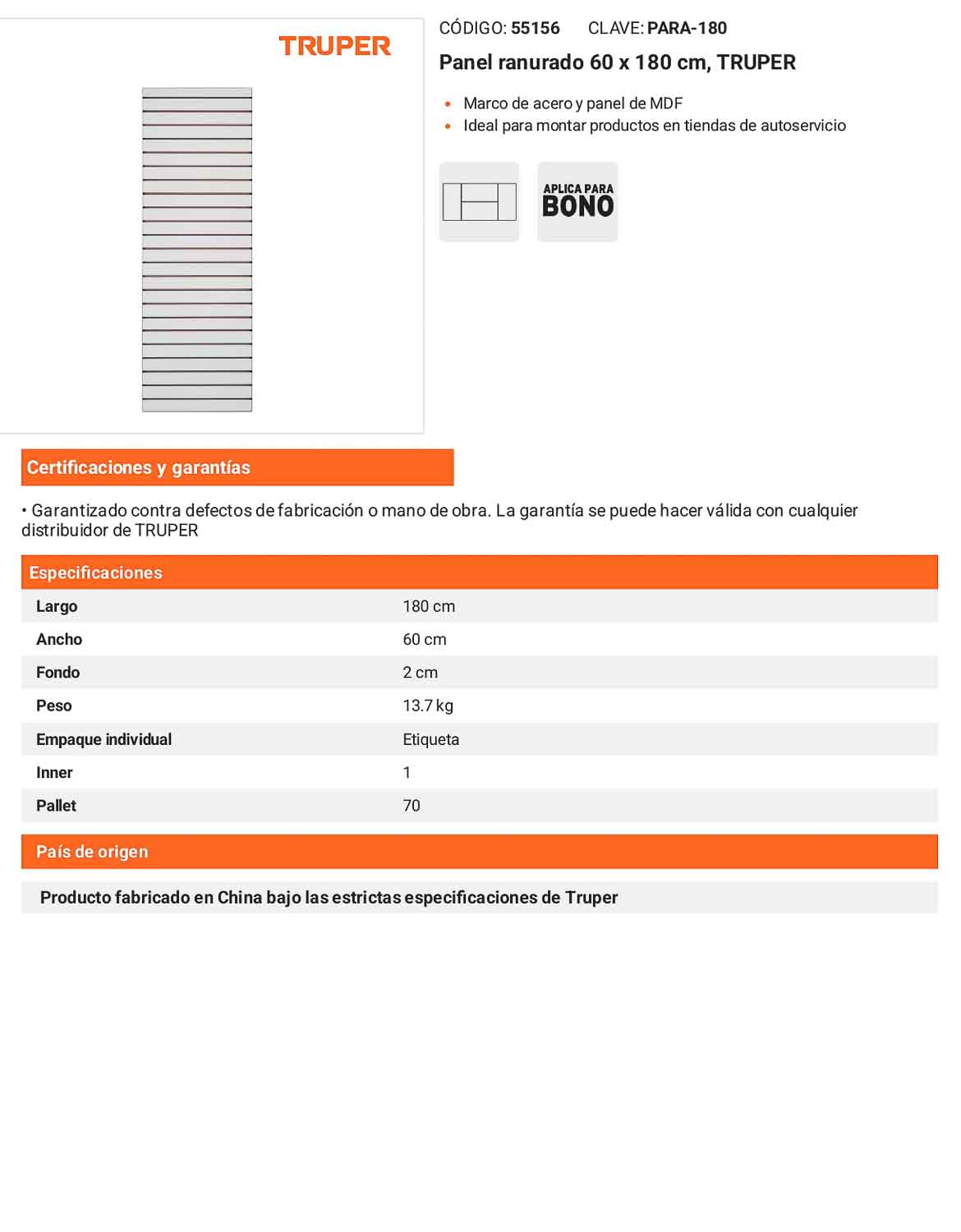 Panel ranurado de 60 por 180 cm