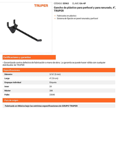 Gancho de plástico de 4 pulgadas perfocel