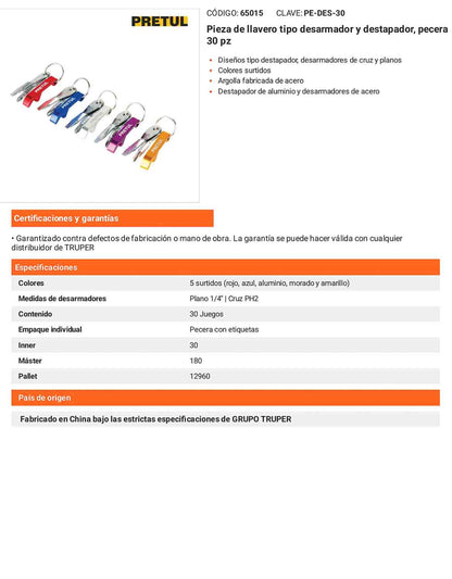 Llaveros Desarmador y Destapador Pecera 30 pz