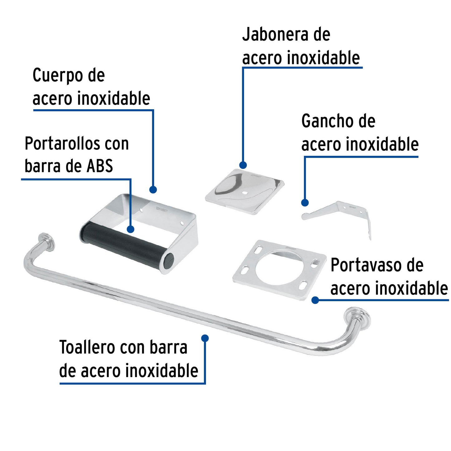 Juego  de 5 accesorios para baño en acero inoxidable