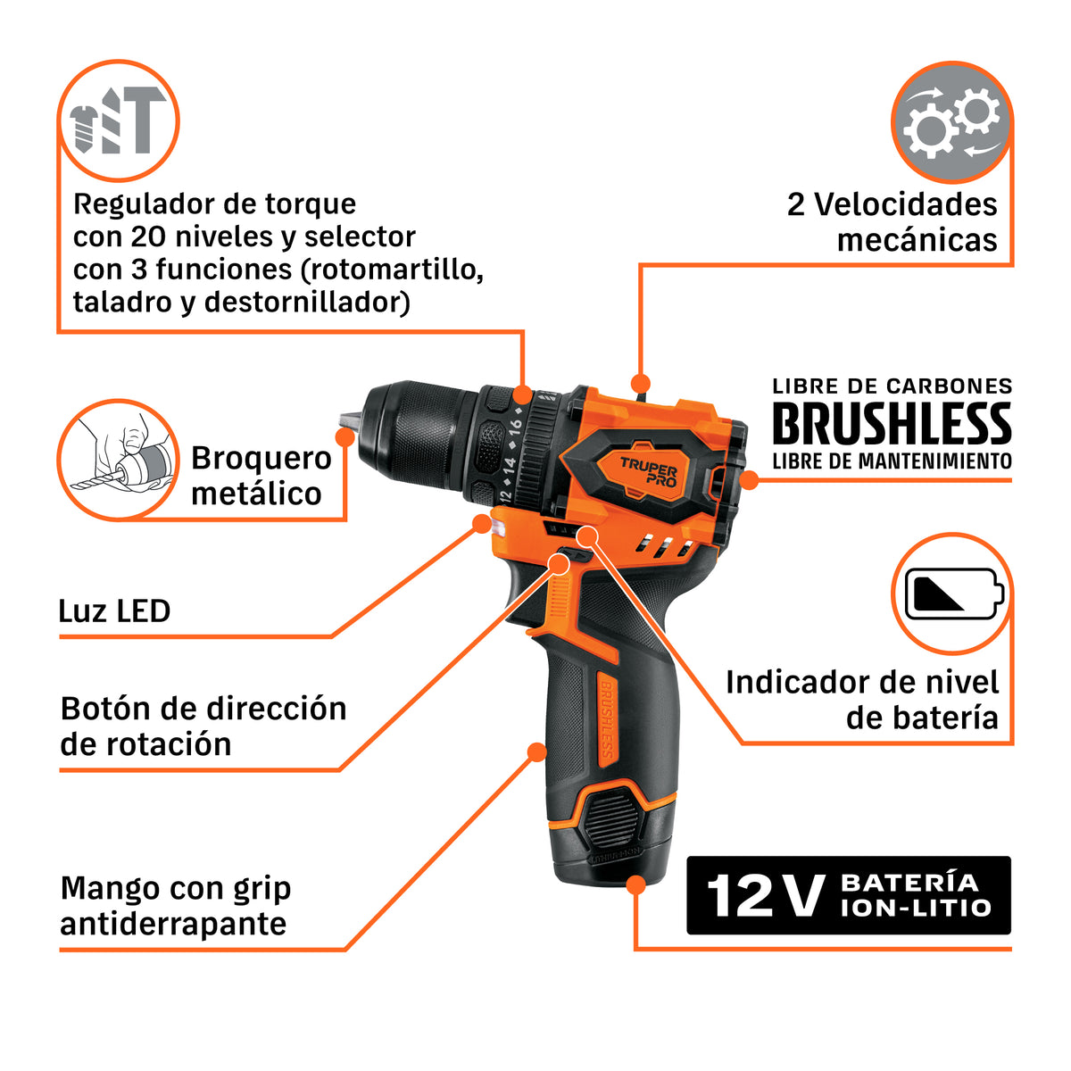 Rotomartillo/destornillador 3/8", 12V, 1 batería 2 Ah, PRO · vista 8
