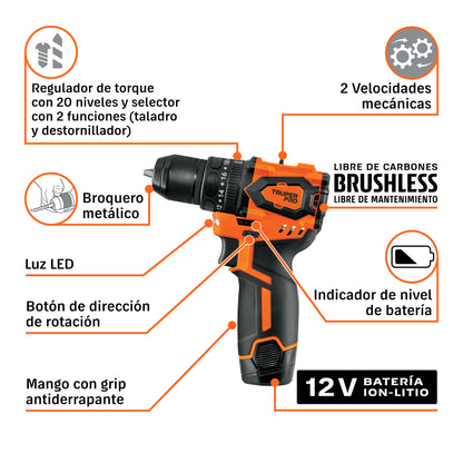 Taladro/destornillador 3/8", 12V, 1 batería 2Ah, TRUPER PRO · vista 8