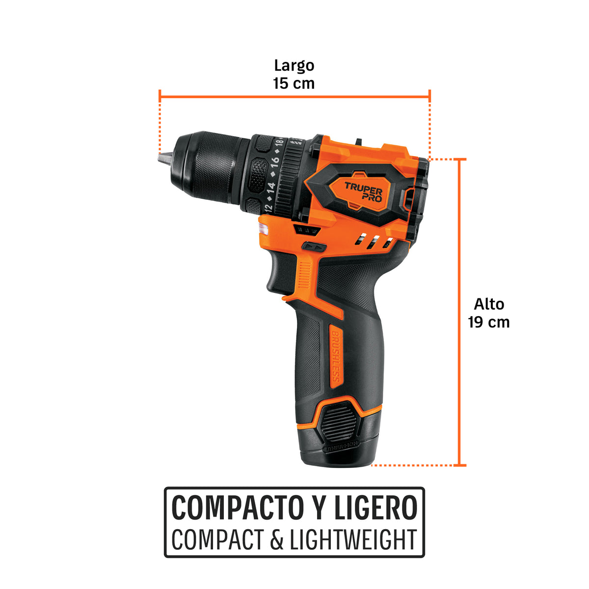 Taladro/destornillador 3/8", 12V, 1 batería 2Ah, TRUPER PRO